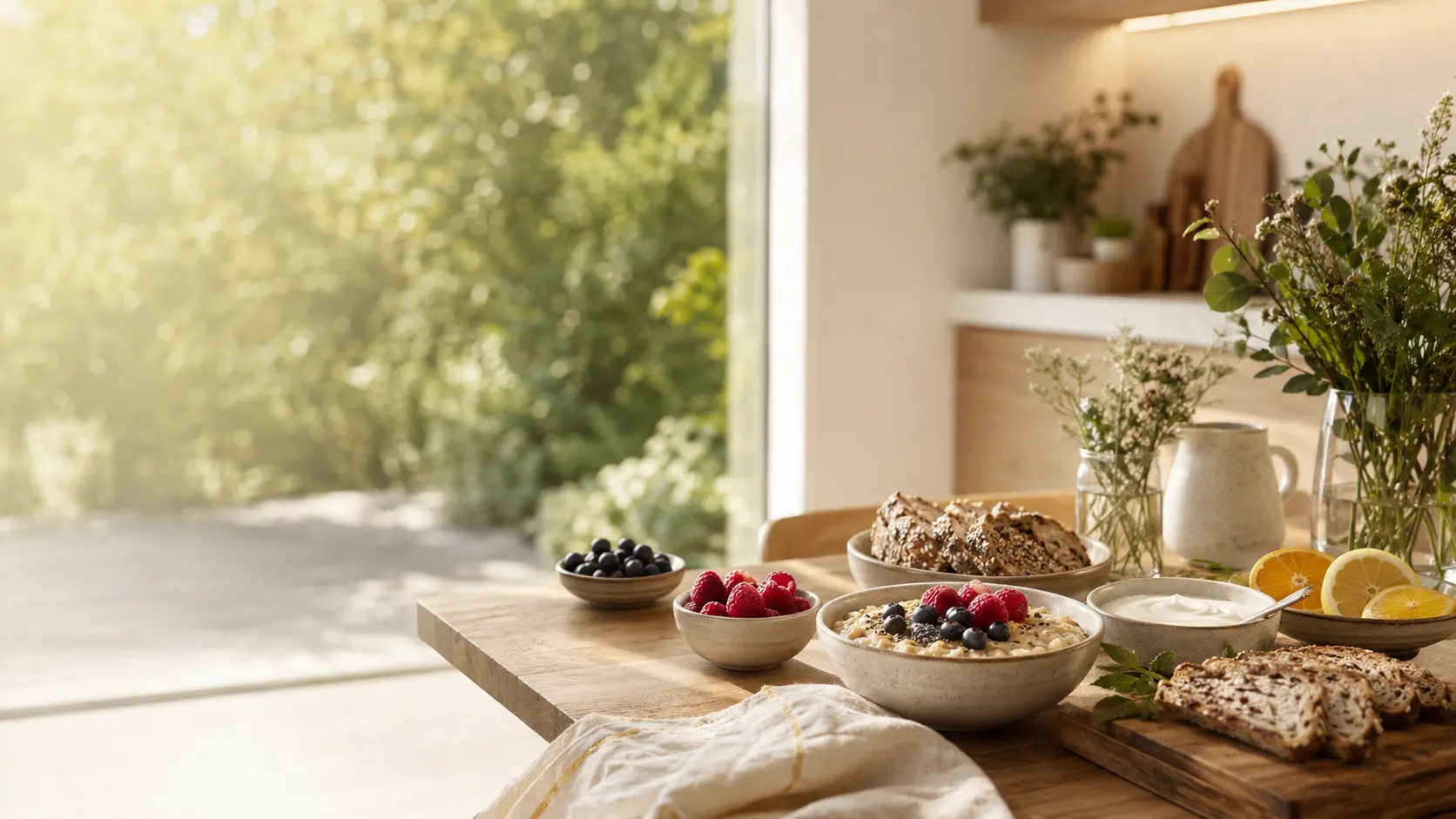 Sunlit kitchen with fresh whole foods
